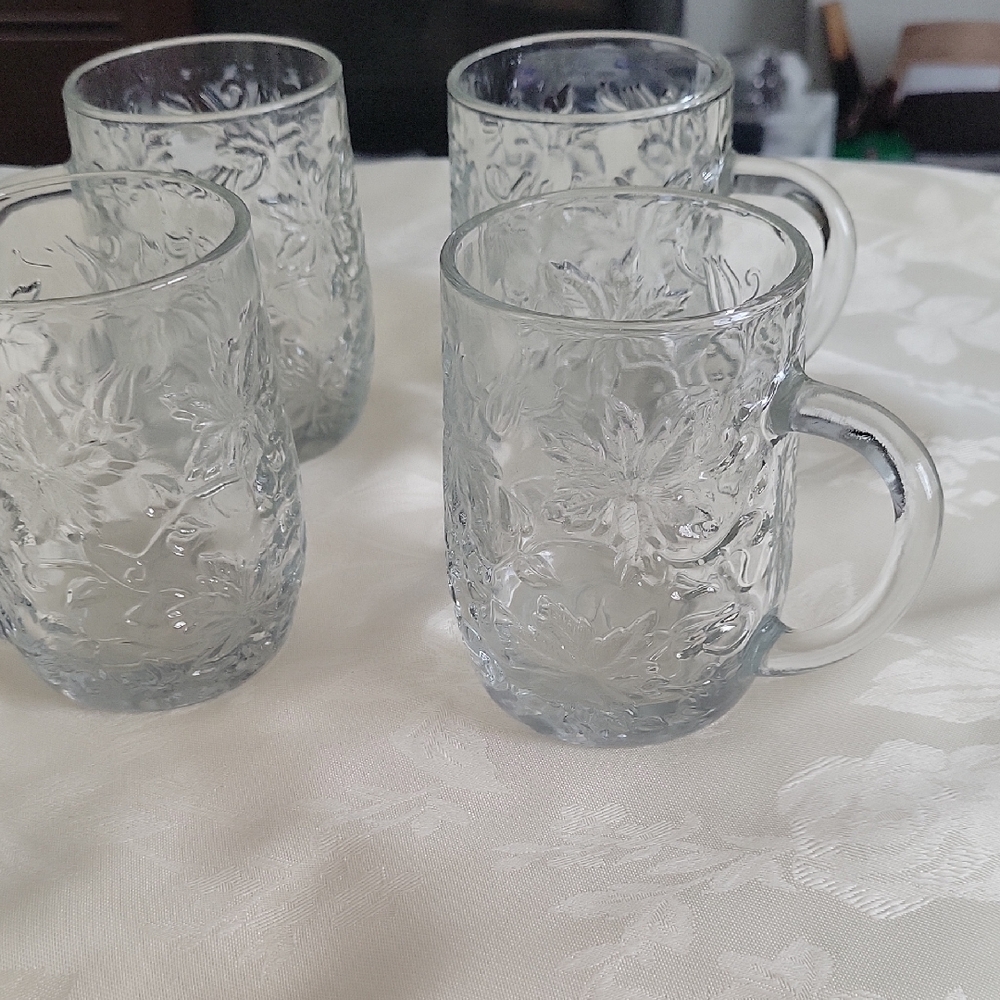 Princess House Clear Embossed Floral Glass Mugs - Set of 4